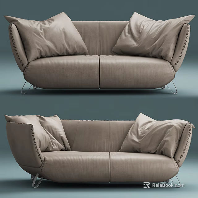 Beige Leather Two Seater Sofa With Rivet Details And Soft Cushions 3d model 