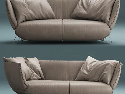 Beige Leather Two Seater Sofa With Rivet Details And Soft Cushions 3d model
