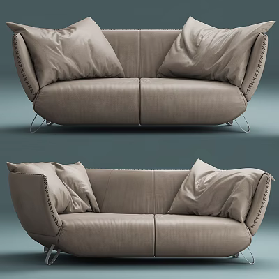 Beige Leather Two Seater Sofa With Rivet Details And Soft Cushions 3d model