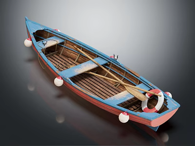 Blue and Red Wooden Boat With Wooden Deck Oars Lifebuoy White Buoys and Reflections 3d model