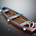 Blue and Red Wooden Boat With Wooden Deck Oars Lifebuoy White Buoys and Reflections