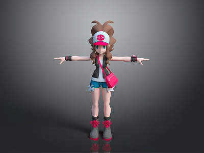 3D Game Character With Brown Hair White Cap Blue Vest Pink Bag And Outstretched Arms 3d model