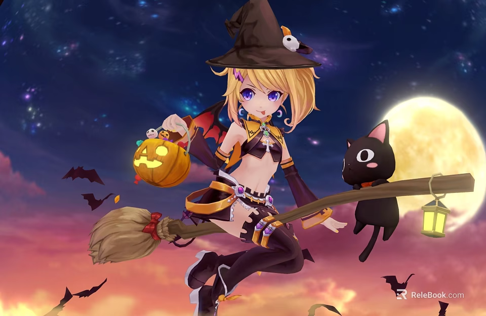Anime Witch Character With Pumpkin Lantern Broom And Black Cat 3d model 