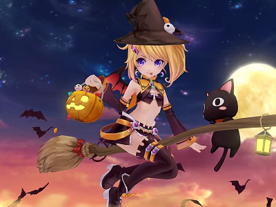 Anime Witch Character With Pumpkin Lantern Broom And Black Cat 3d model