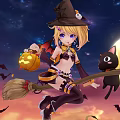 Anime Witch Character With Pumpkin Lantern Broom And Black Cat