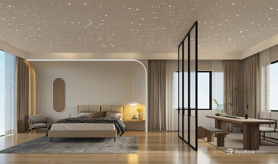Modern Bedroom Interior With Starry Ceiling Bed Nightstand Table Lamp Wooden Floor Gray Rug 3d model 