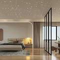 Modern Bedroom Interior With Starry Ceiling Bed Nightstand Table Lamp Wooden Floor Gray Rug