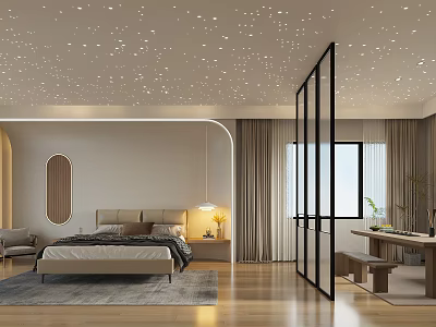 Modern Bedroom Interior With Starry Ceiling Bed Nightstand Table Lamp Wooden Floor Gray Rug 3d model