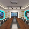 Modern Conference Room Interior With Long Wooden Table Black Chairs Large Screens And Blue Lighting