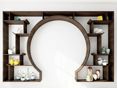 Chinese Style Wooden Display Shelf With Circular Center Opening And Decorative Ceramic Vases 3d model