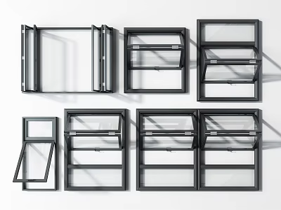 Different Types of Black Framed Windows with Glass Panels and Open Designs 3d model