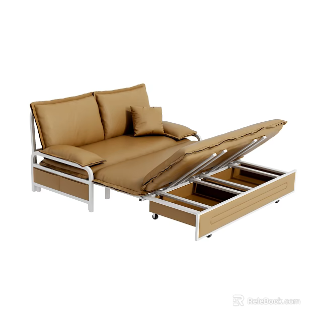 Brown Sofa Bed With Metal Frame And Storage Drawers Folded Out Design And Comfortable Cushions 3d model 