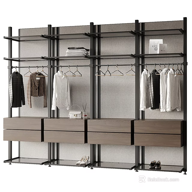 Modern Wardrobe Interior Design With Metal Frame Hanging Rods Wooden Drawers And Open Shelves 3d model 