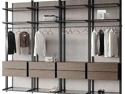 Modern Wardrobe Interior Design With Metal Frame Hanging Rods Wooden Drawers And Open Shelves 3d model