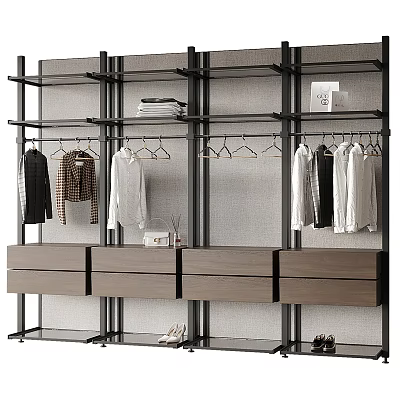 Modern Wardrobe Interior Design With Metal Frame Hanging Rods Wooden Drawers And Open Shelves 3d model