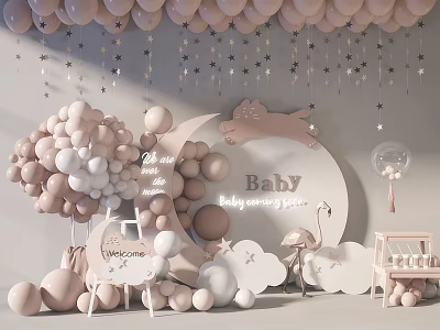 Pastel Balloon Arrangements With Star Decor For Baby Shower Party Setup 3d model