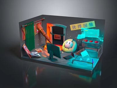 Cartoon Scene With Round Yellow Character Working At Computer Desk With Papers And Blue Lighting 3d model