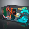 Cartoon Scene With Round Yellow Character Working At Computer Desk With Papers And Blue Lighting