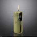 Burning Candle With Melted Wax And Flaming Wick On Dark Background
