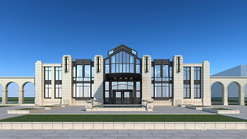 Modern Sales Office Building With Glass Facade Stone Walls And Symmetrical Design 3d model 