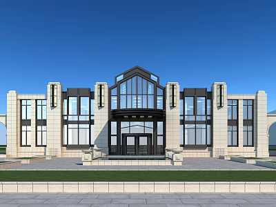 Modern Sales Office Building With Glass Facade Stone Walls And Symmetrical Design 3d model