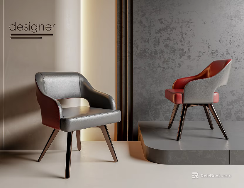Designer Modern Dining Chairs With Gray Red Leather Seats And Wooden Legs 3d model 