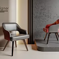 Designer Modern Dining Chairs With Gray Red Leather Seats And Wooden Legs