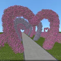 Heart Shaped Floral Arches With Purple Pink Flowers Along Pathway In Garden