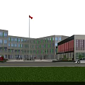 Modern School Building With Green Windows Red Striped Walls Red Flag Lawn And Playground Equipment