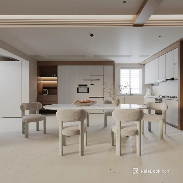 Modern Kitchen Dining Table Set With Light Colored Chairs Cabinets Pendant Lights And Window 3d model