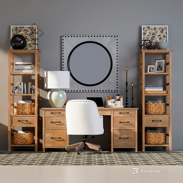 Rustic Wooden Desk With White Chair Round Mirror Bookshelves Books And Baskets 3d model 