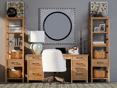 Rustic Wooden Desk With White Chair Round Mirror Bookshelves Books And Baskets 3d model