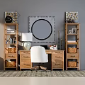 Rustic Wooden Desk With White Chair Round Mirror Bookshelves Books And Baskets