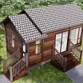 Wooden Cabin with Brown Tiled Roof Large Windows and Wooden Stairs in Green Grass