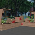 Landscape Seating With Wooden Design Illuminated In Outdoor Park Surrounded By Greenery