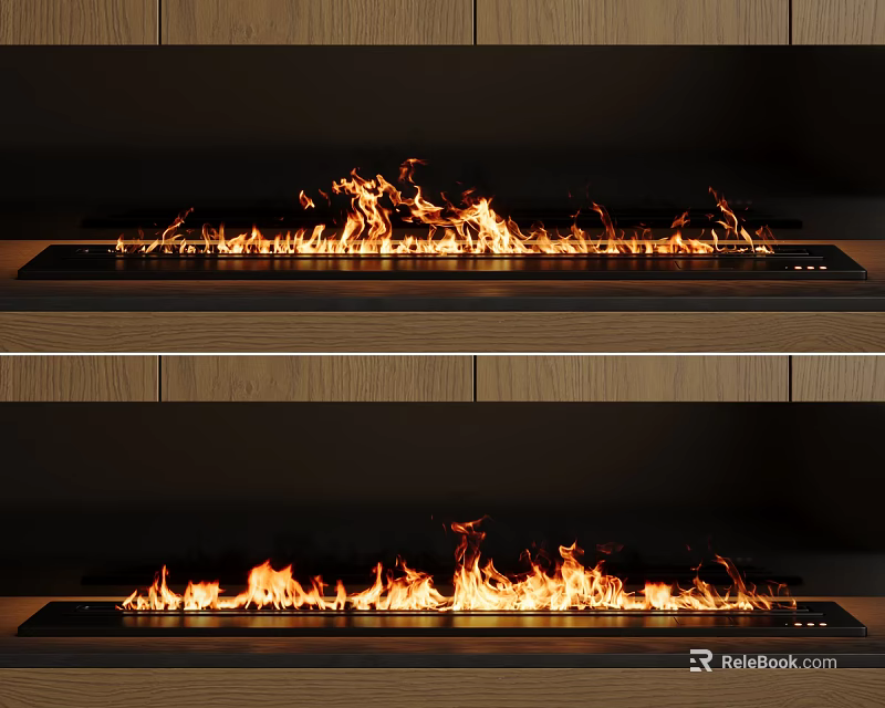 Modern Built In Fireplace With Fiery Flames And Wooden Accents 3d model 