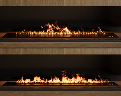 Modern Built In Fireplace With Fiery Flames And Wooden Accents 3d model