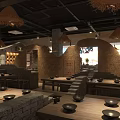 Rustic Chinese Restaurant Interior With Earthen Walls Wooden Tables Lanterns And Vintage Decor