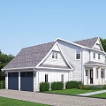 White Single Family House With Gray Roof Green Lawn And Porch Trees