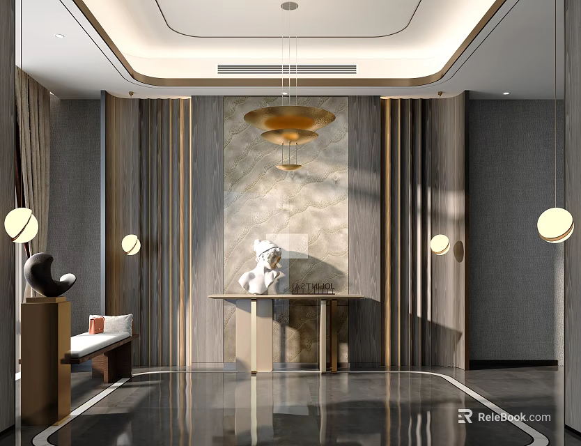 Luxury Foyer Interior Design With Sculpture Chandelier And Wall Lamps 3d model 