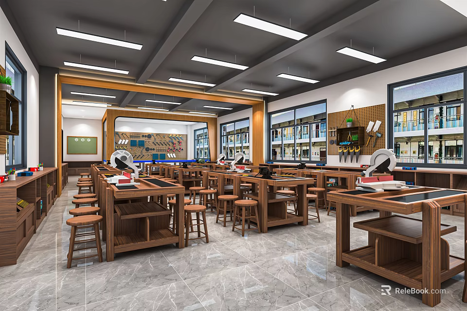 Modern School Laboratory Interior With Lab Tables Science Equipment And Cabinets 3d model 