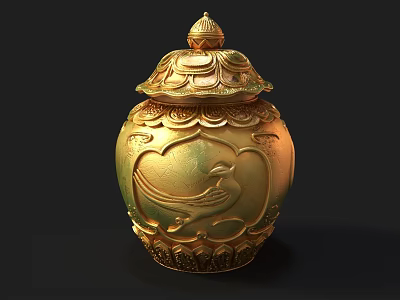 Golden Ceramic Jar With Intricate Carved Patterns Decorative Lid And Traditional Style 3d model