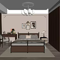 Elegant Bedroom Interior With Brown Bed Frame Decorative Wall Art And Wooden Bookshelf