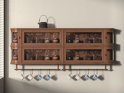 Wooden Wall Mounted Storage Cabinet Shelf with Glass Storage Jars and Hanging Mugs 3d model