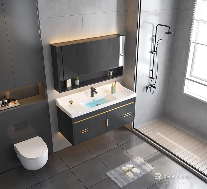 Modern Bathroom Vanity With Gray Cabinet White Countertop And Gold Handles 3d model 