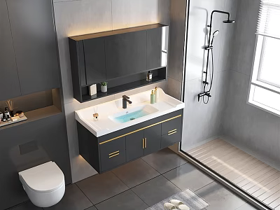 Modern Bathroom Vanity With Gray Cabinet White Countertop And Gold Handles 3d model