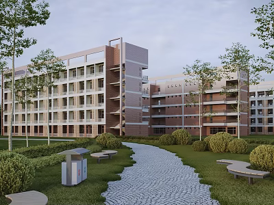 Modern Multi Story School Building With Green Plants Pathway Benches And Street Lamps 3d model
