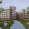 Modern Multi Story School Building With Green Plants Pathway Benches And Street Lamps