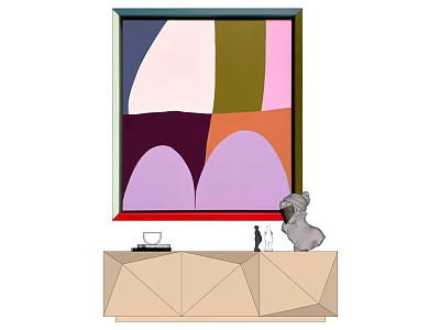 Colorful Abstract Painting Above Beige Geometric Cabinet With Decor Items 3d model