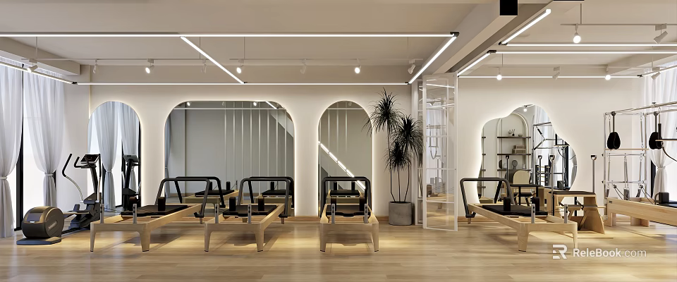 Bright Fitness Studio With Pilates Reformers Arched Mirrors And Plants 3d model 